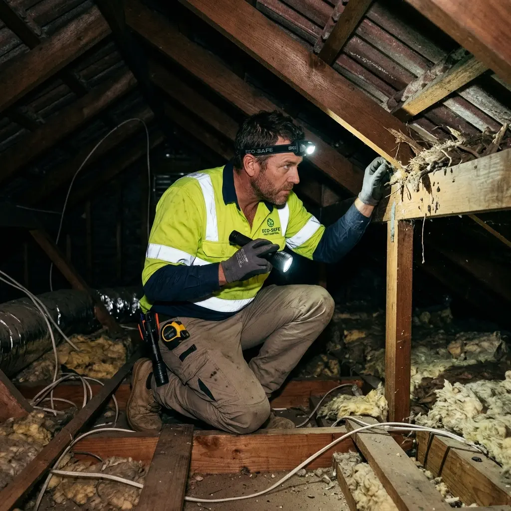 Technician inspecting a roof cavity for a dead animal in Delacombe