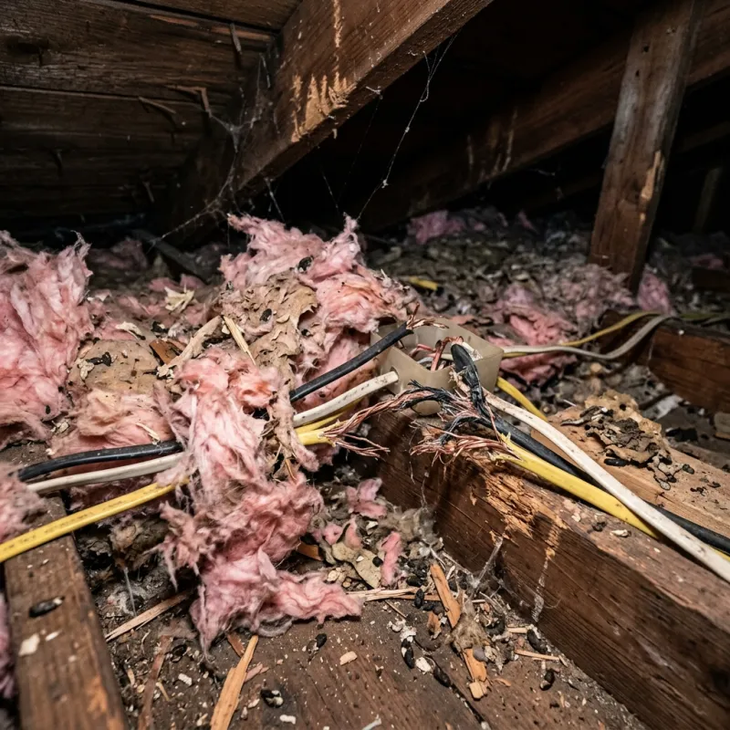 Contaminated ceiling insulation being assessed in a Delacombe roof space