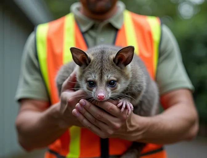 Animal handler safely recovering a deceased possum in Delacombe