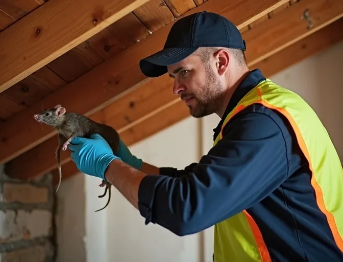 Technician inspecting a roof cavity for a dead rat in Delacombe